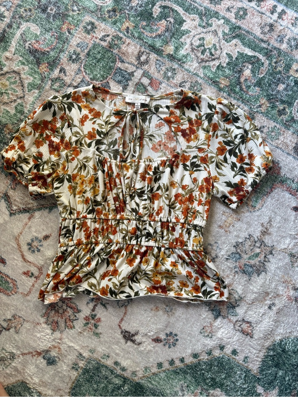 Smocked Peplum Floral Blouse in Cream and Rust